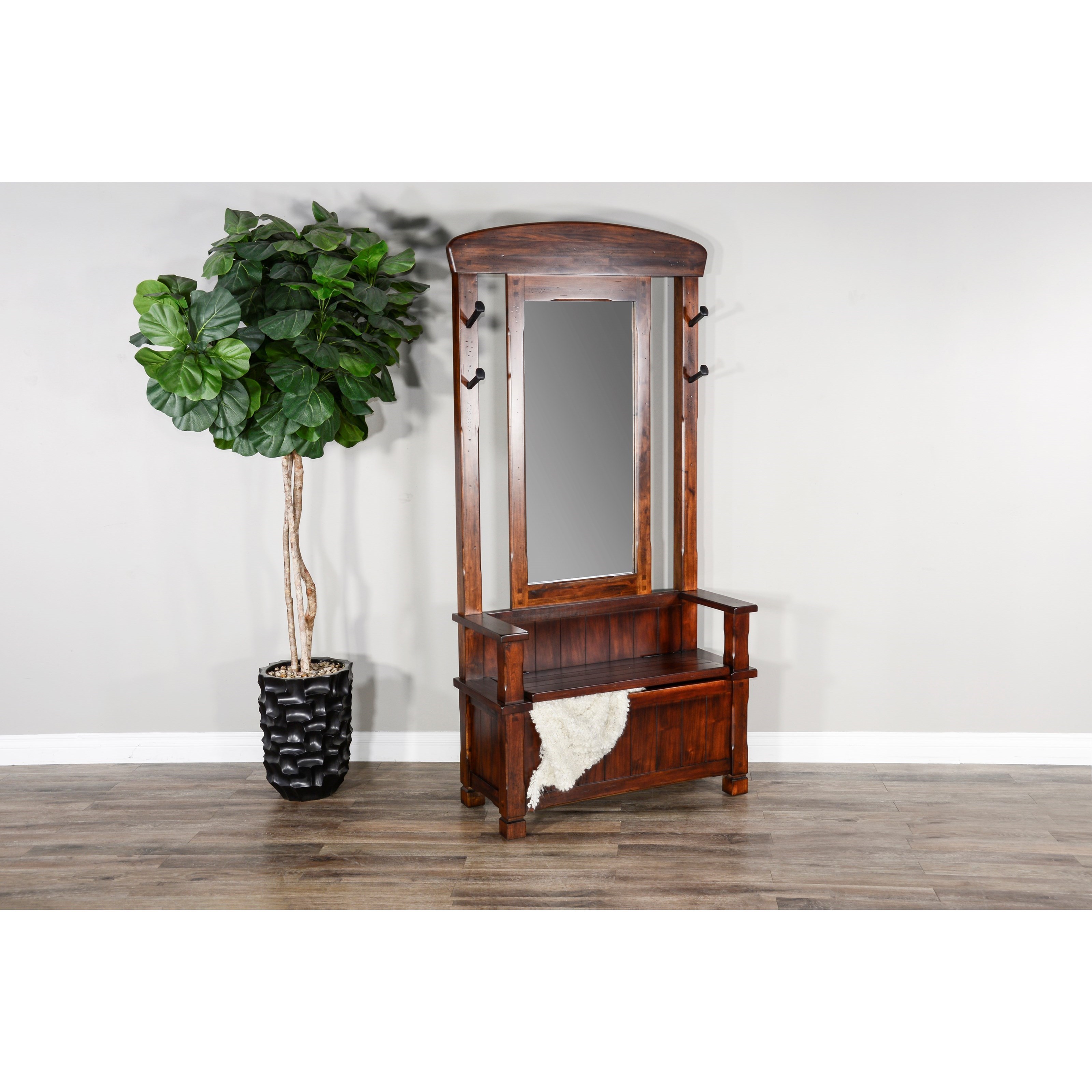 Rustic Hall Tree with Storage Bench and Mirror Sadler's Home Furnishings Hall Trees/Coat Racks